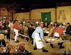 Rustic banquet scene with villagers dining together in a crowded interior, servers carrying food across long tables.
